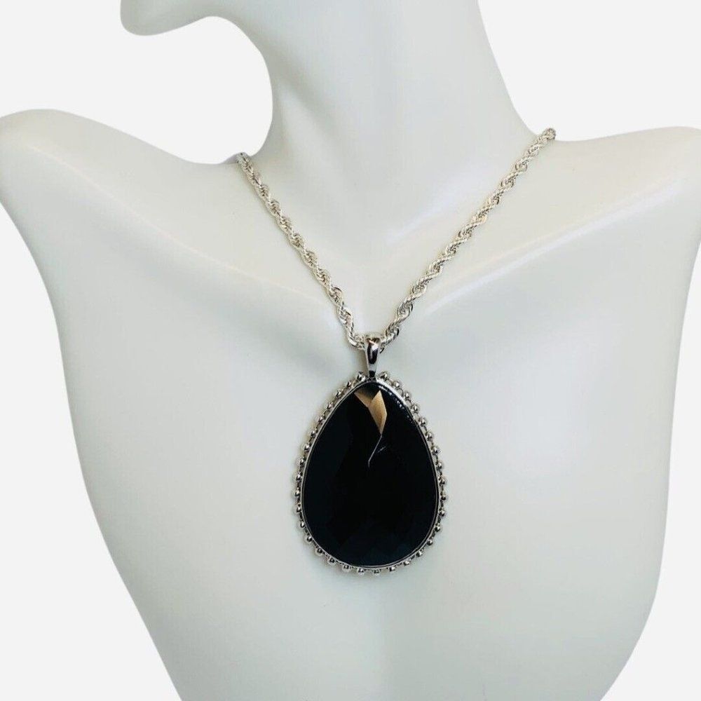 Vintage Black Faceted Large Teardrop Pendant Silver Rope Chain Necklace 23”